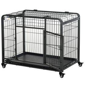 PawHut Metal Dog Cage 49" Heavy Duty Folding Kennel with Tray Locking Wheels Dark Gray