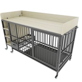 Large pet cage with storage rack, drawers with stainless steel food and water basin, made of iron frame and MDF material, sturdy, exquisite (Color: as Pic)