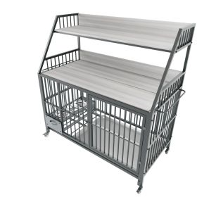 Large pet cage with storage rack, drawers with stainless steel food and water basins, double-layer storage rack made of iron frame and MDF materi (Color: as Pic)